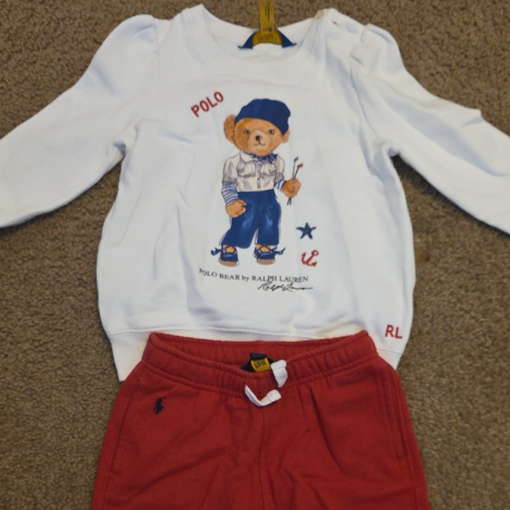 Ralph Lauren White Polo Bear Top and Red Pants Set